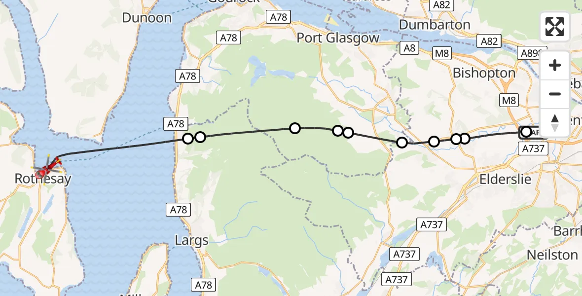 Flight path map showing Air Ambulance Helicopter route from Glasgow Airport to Inner Seas