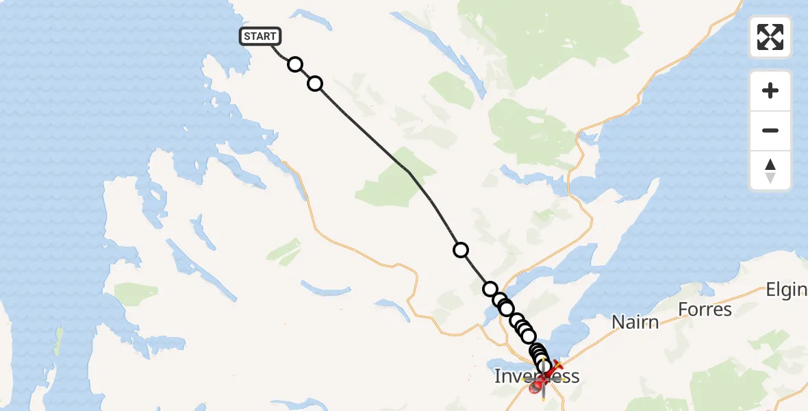 Flight path map showing Air Ambulance Helicopter route from Lochinver to Inverness