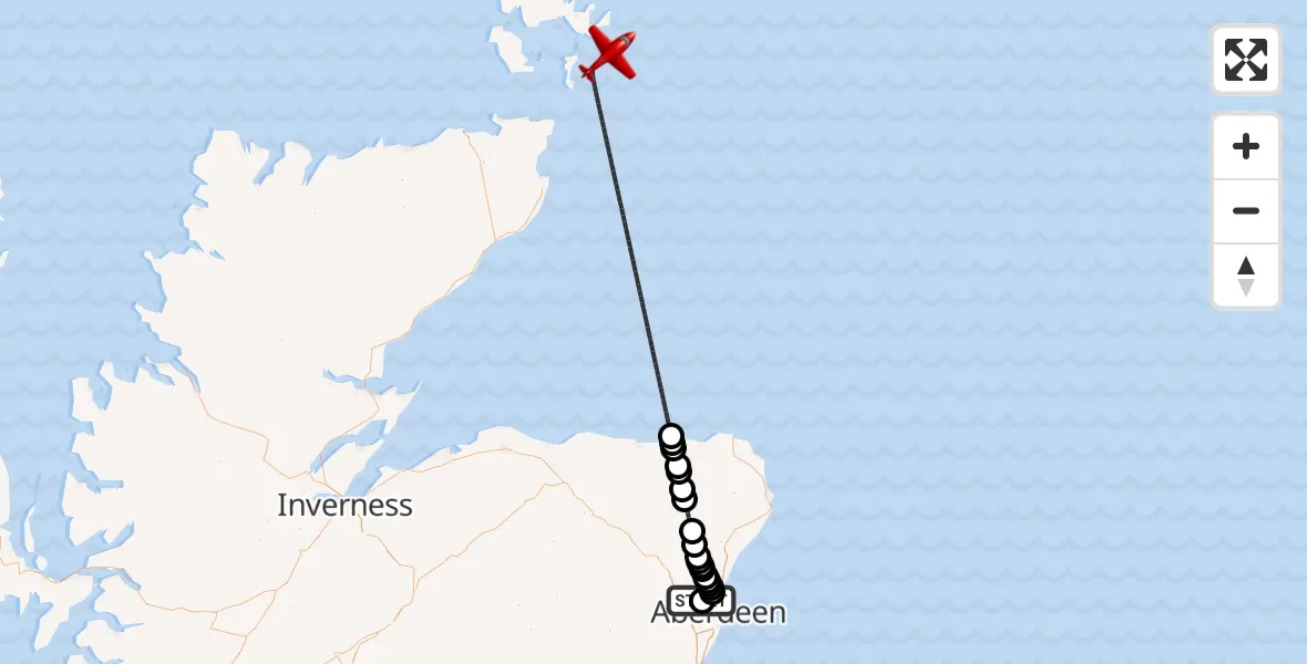 Flight path map showing Air Ambulance Aircraft route from Aberdeen International Airport to North Sea
