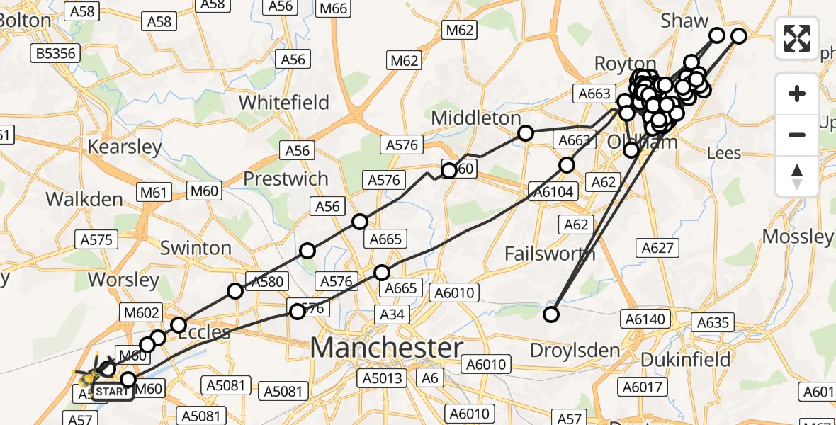 Flight path map showing Police Helicopter route from Manchester Barton Aerodrome to Manchester Barton Aerodrome