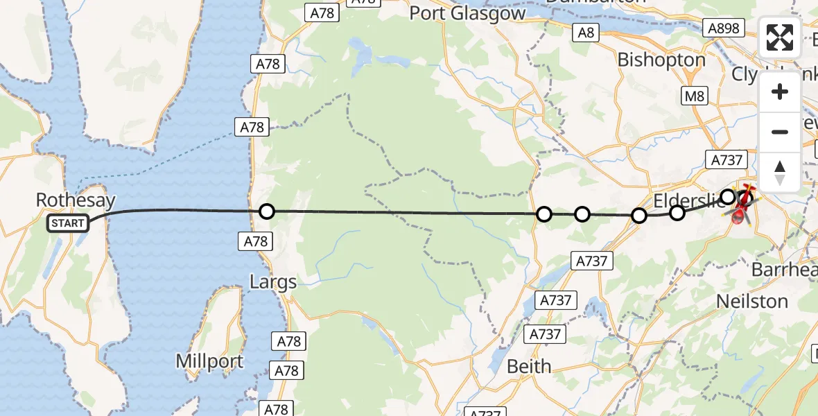 Flight path map showing Air Ambulance Helicopter route from Inner Seas to Royal Alexandria Hospital Paisley