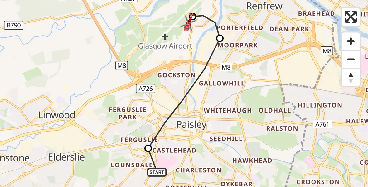 Flight path map showing Air Ambulance Helicopter route from Royal Alexandria Hospital Paisley to Glasgow Airport