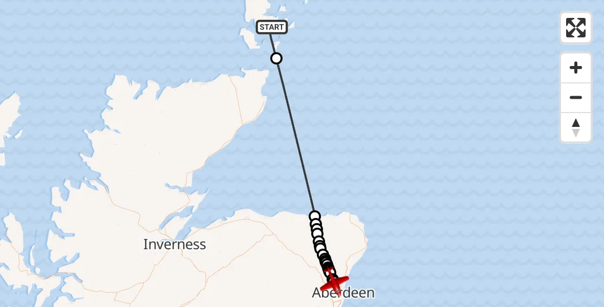 Flight path map showing Air Ambulance Aircraft route from North Atlantic Ocean to Aberdeen City