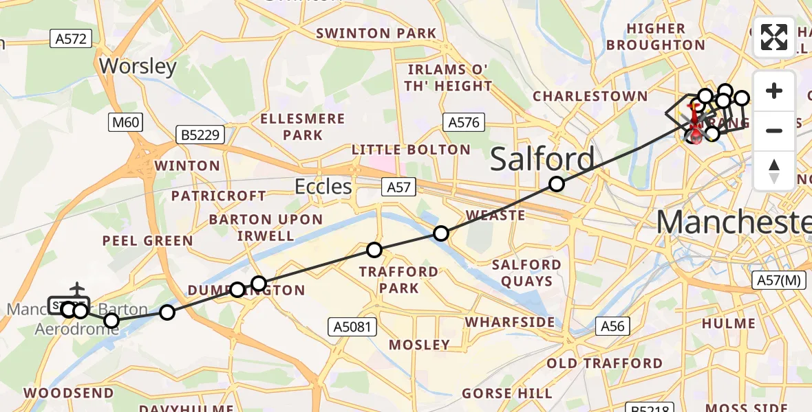 Flight path map showing Air Ambulance Helicopter route from Manchester Barton Aerodrome to Salford