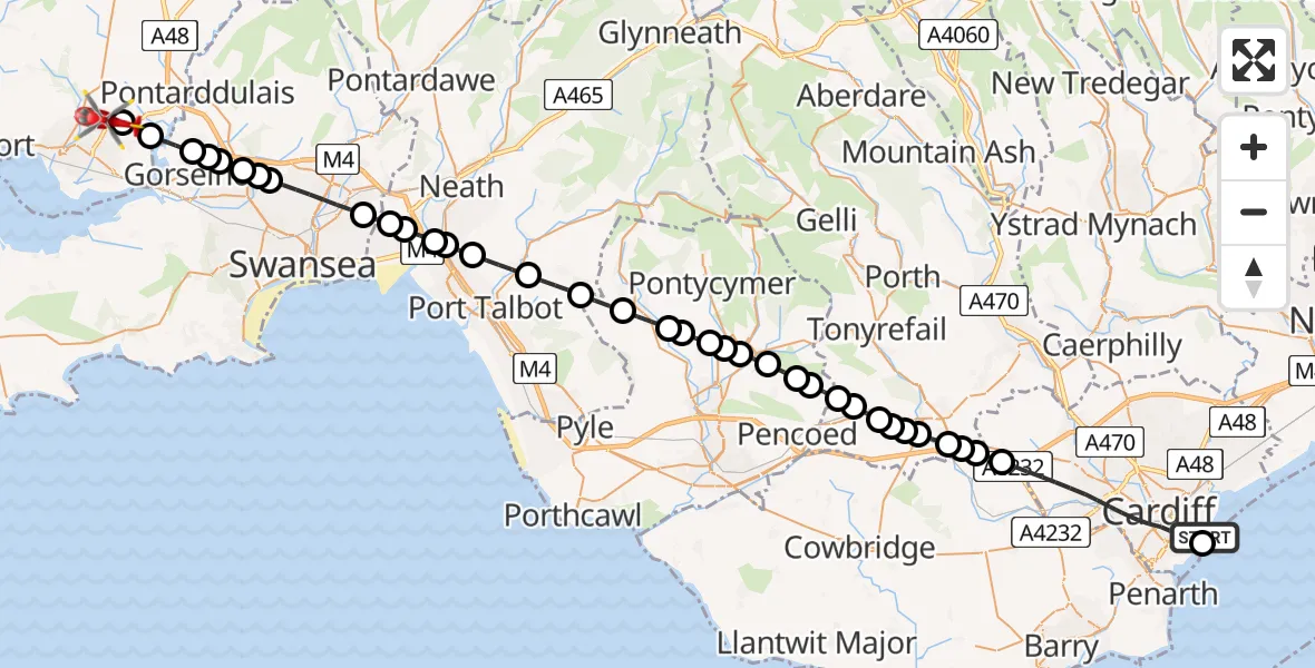 Flight path map showing Air Ambulance Helicopter route from Cardiff Heliport to Dafen