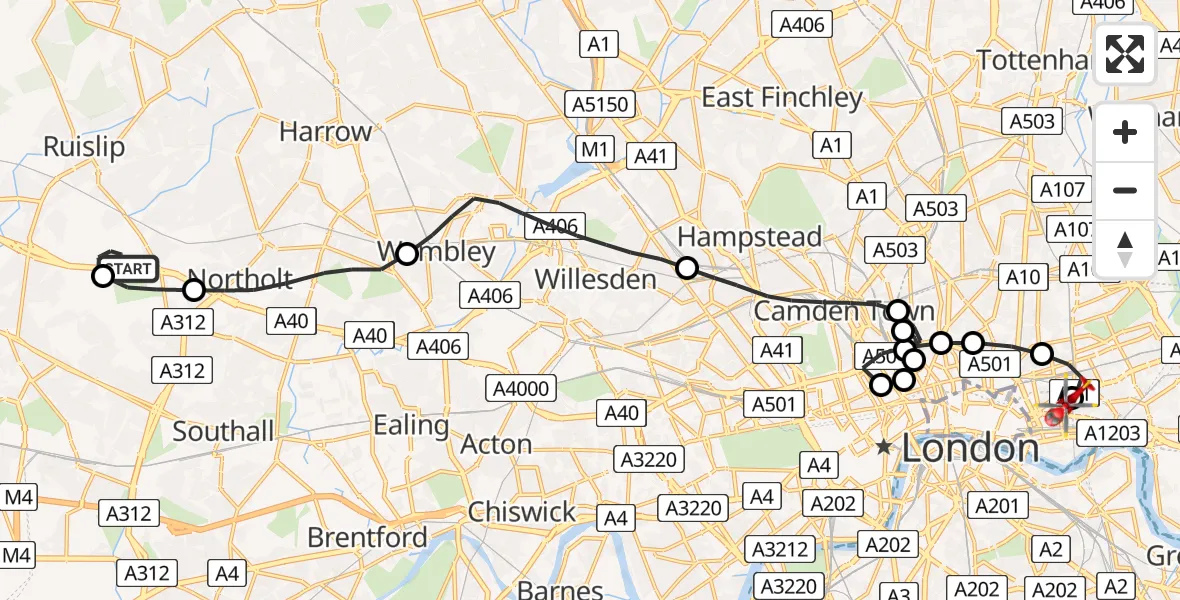 Flight path map showing Air Ambulance Helicopter route from RAF Northolt to Royal London Hospital