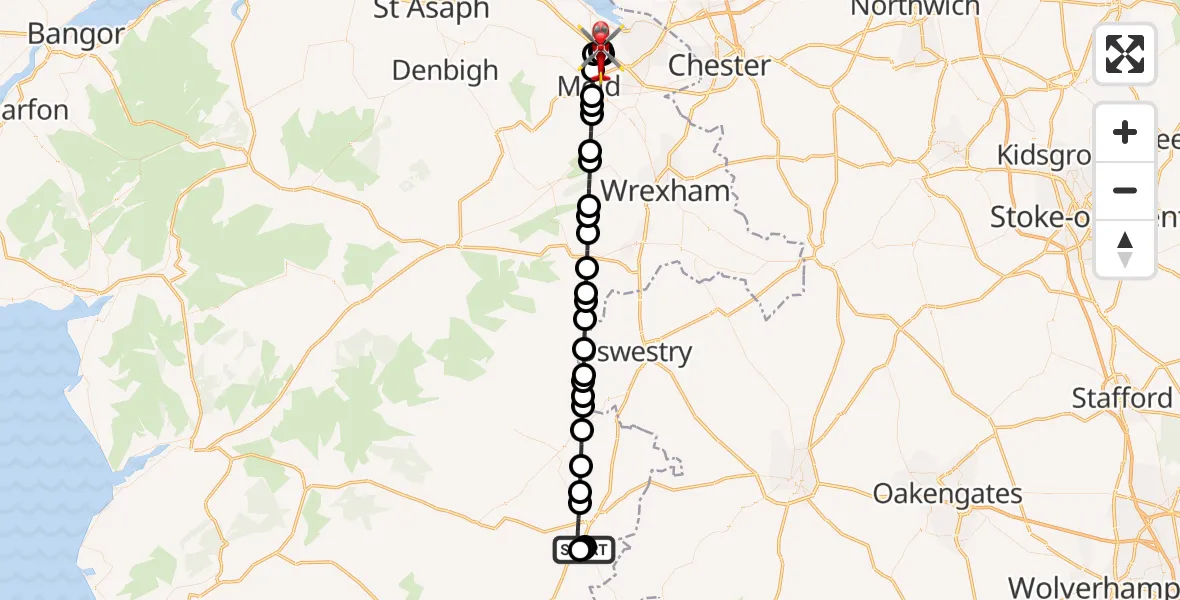 Flight path map showing Air Ambulance Helicopter route from Welshpool Airport to Northop