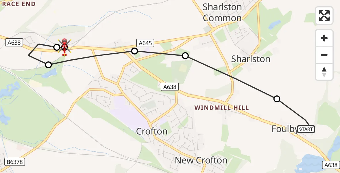 Flight path map showing Air Ambulance Helicopter route from YAA Nostell Helicopter Port to Heath