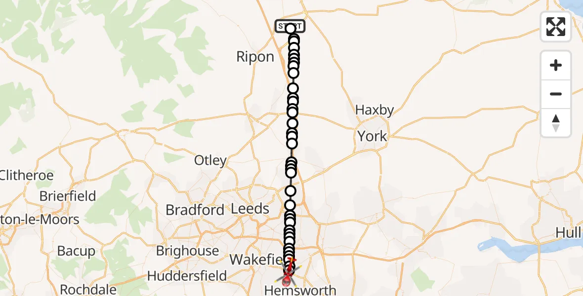 Flight path map showing Air Ambulance Helicopter route from RAF Topcliffe to YAA Nostell Helicopter Port
