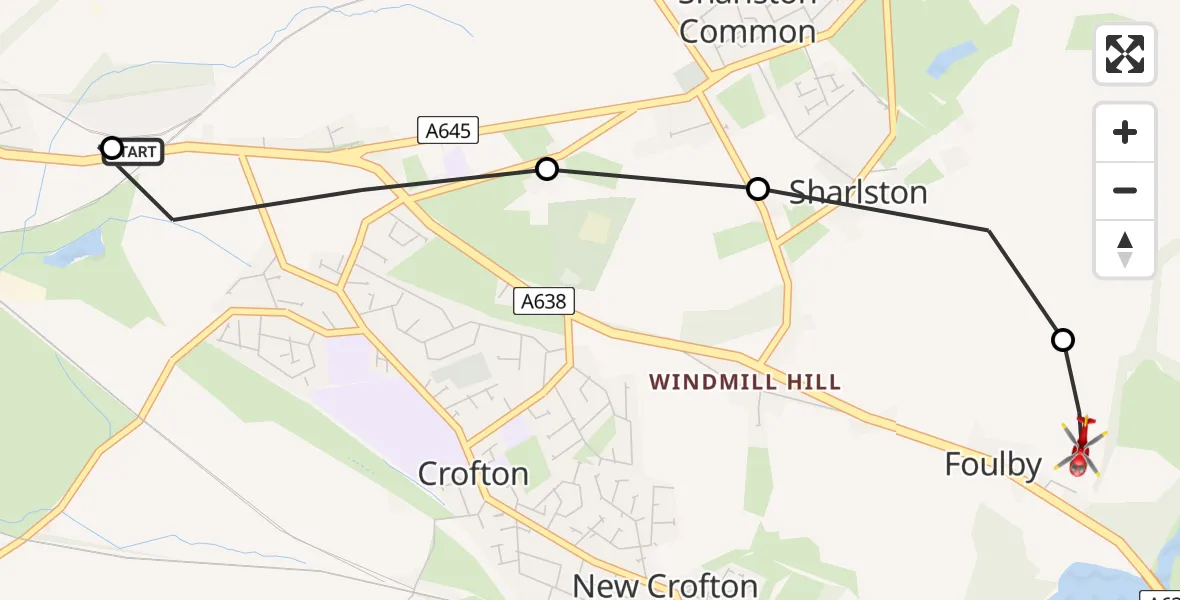 Flight path map showing Air Ambulance Helicopter route from Heath to YAA Nostell Helicopter Port