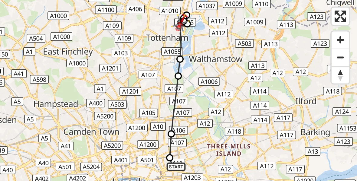 Flight path map showing Air Ambulance Helicopter route from Royal London Hospital to London Borough of Haringey