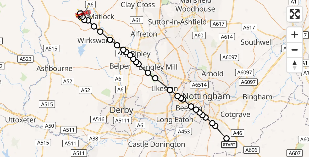 Flight path map showing Air Ambulance Helicopter route from Widmerpool to Wensley