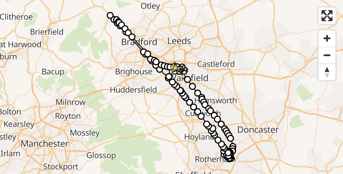 Flight path map showing Police Helicopter route from East Ardsley to East Ardsley