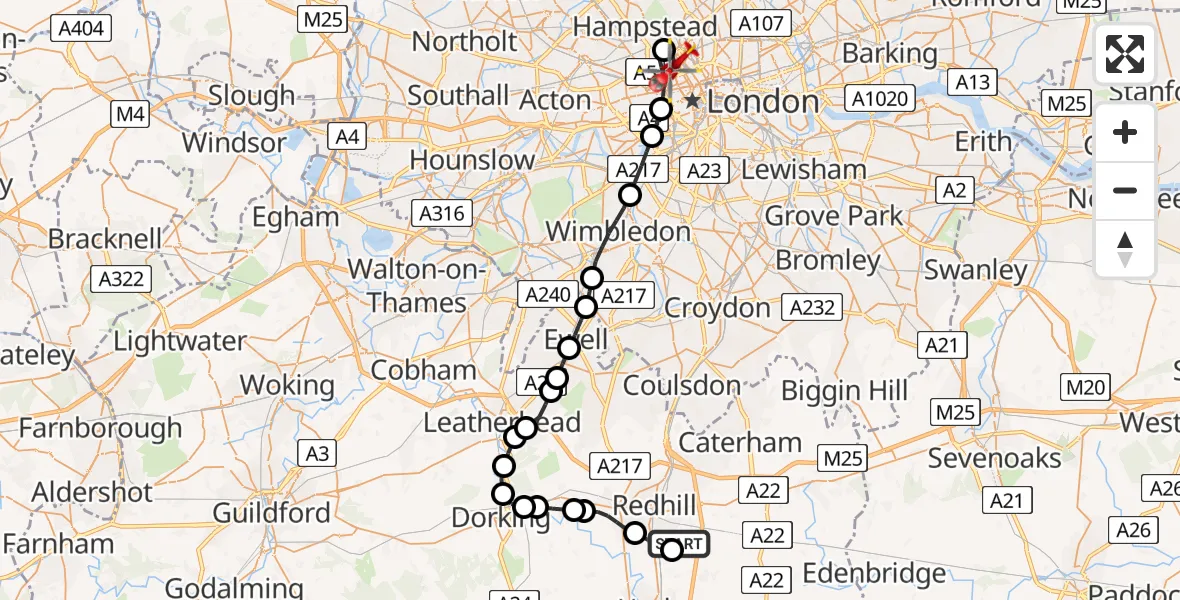 Flight path map showing Air Ambulance Helicopter route from Redhill Aerodrome to London Borough of Camden