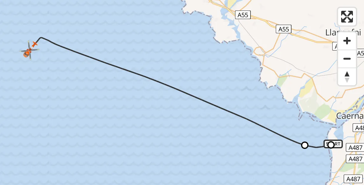 Flight path map showing Coastguard Helicopter route from Caernarfon Airport to Irish Sea