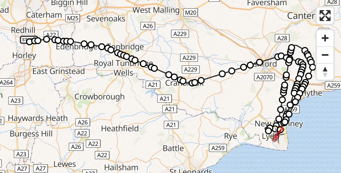 Flight path map showing Air Ambulance Helicopter route from Redhill Aerodrome to Lydd London Ashford Airport
