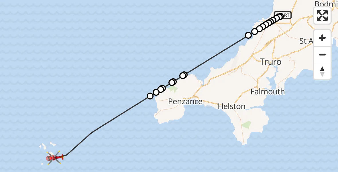 Flight path map showing Air Ambulance Helicopter route from Cornwall Airport Newquay to North Atlantic Ocean
