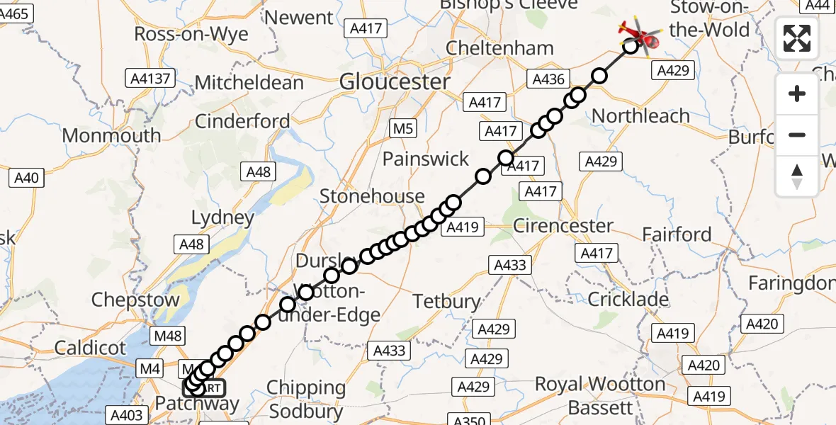 Flight path map showing Air Ambulance Helicopter route from Almondsbury Helicopter Base to Naunton