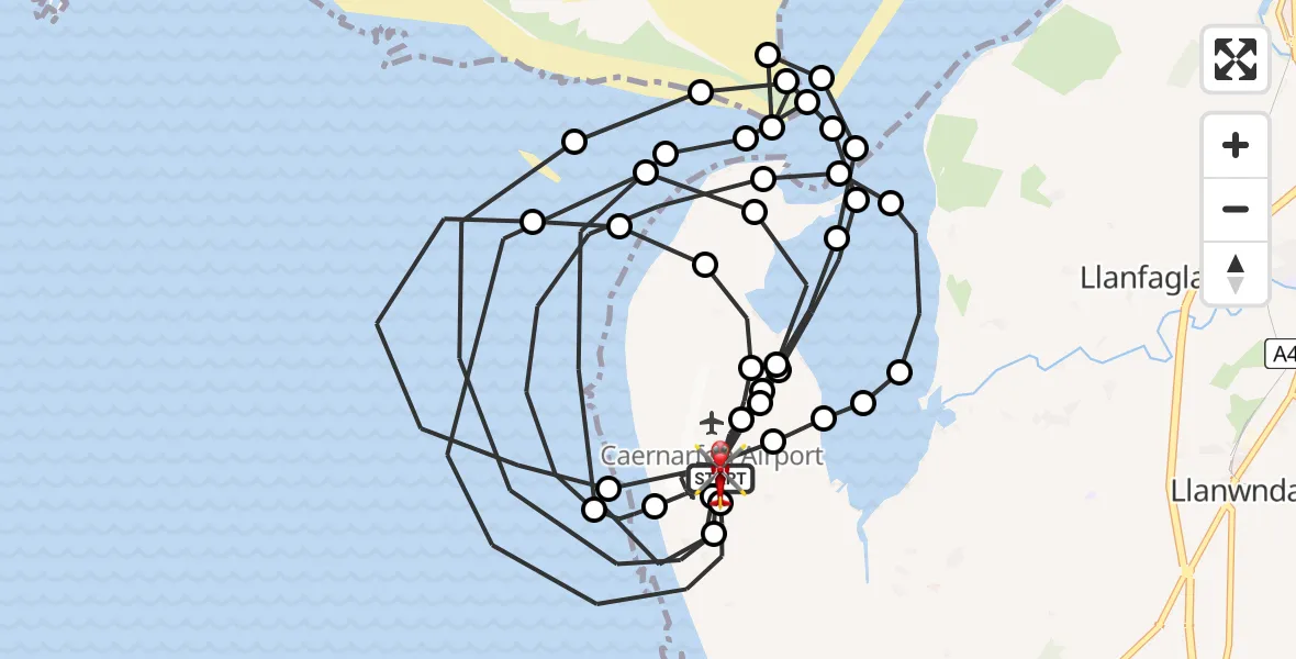Flight path map showing Air Ambulance Helicopter route from Caernarfon Airport to Caernarfon Airport