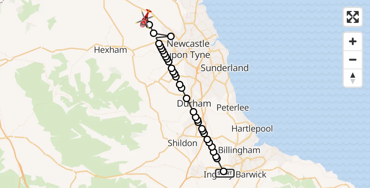 Flight path map showing Air Ambulance Helicopter route from Egglescliffe to Belsay
