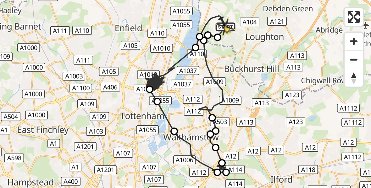 Flight path map showing Police Helicopter route from Metropolitan Police Air Support Unit Lippitts Hill to Sewardstonebury