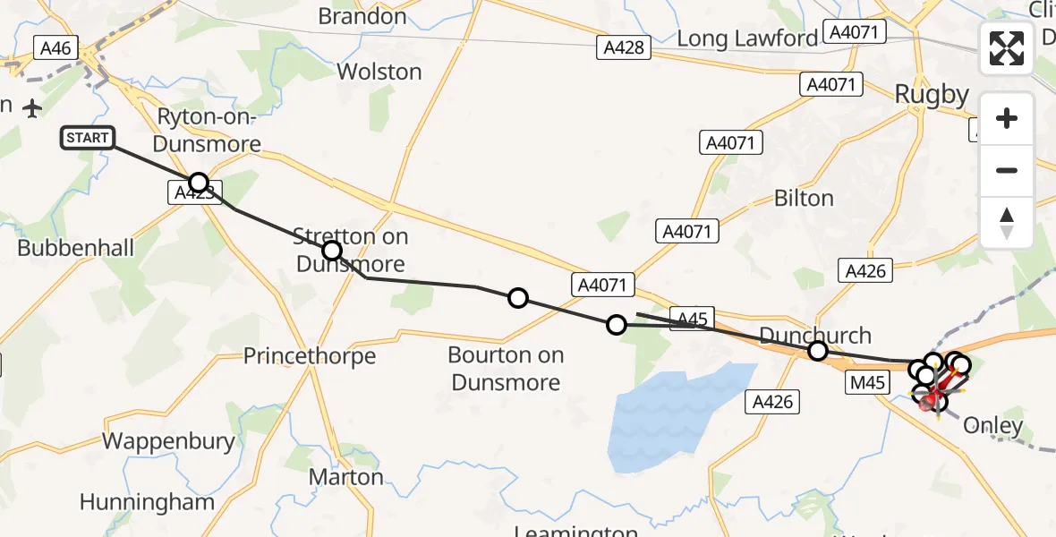 Flight path map showing Air Ambulance Helicopter route from Baginton to Onley