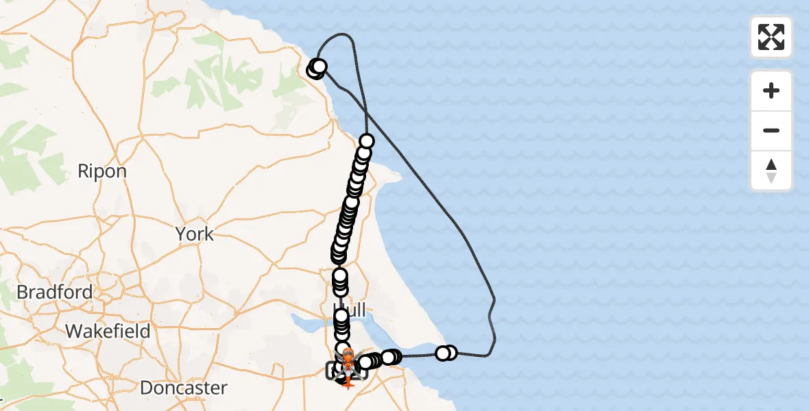Flight path map showing Coastguard Helicopter route from Humberside Airport to Humberside Airport