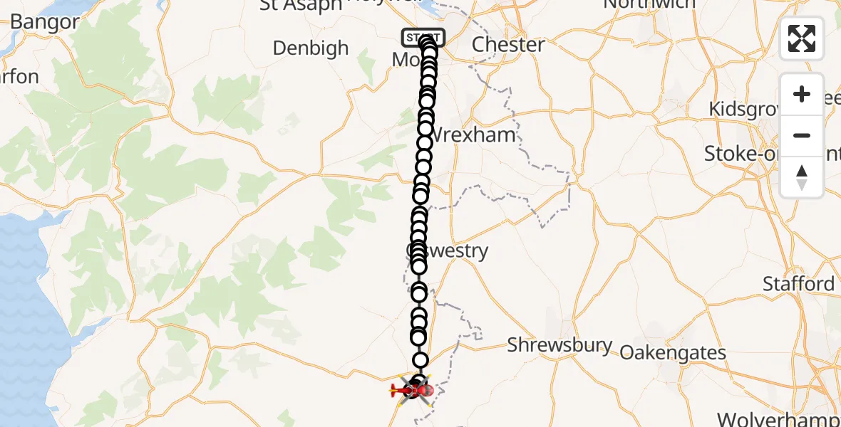 Routekaart van de vlucht: Air Ambulance Helicopter to Welshpool Airport