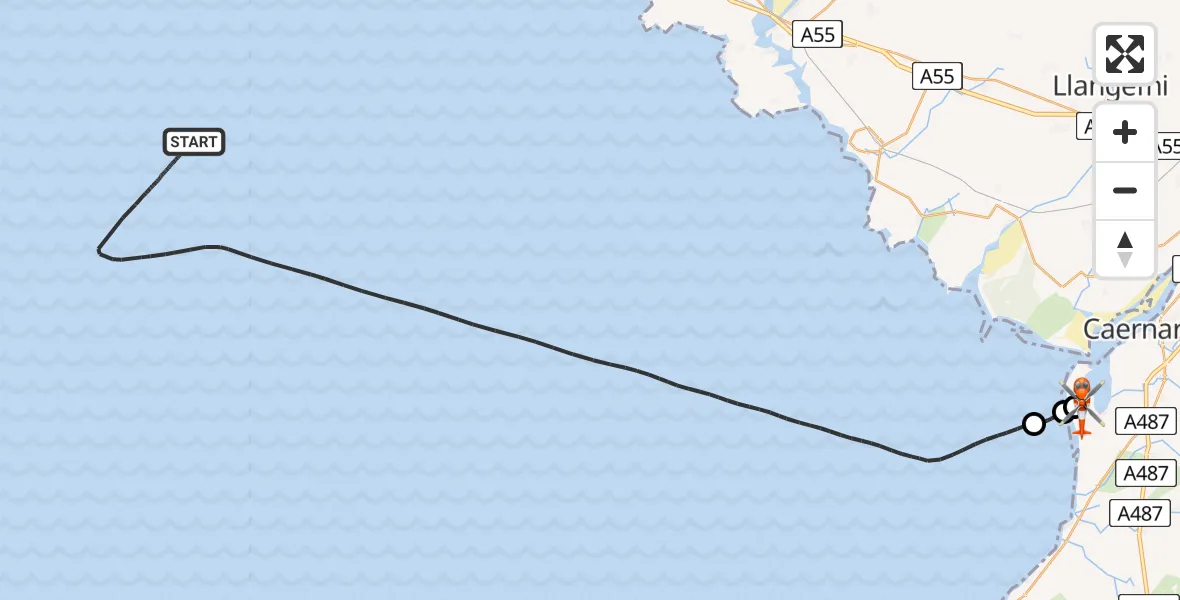 Flight path map showing Coastguard Helicopter route from Irish Sea to Caernarfon Airport