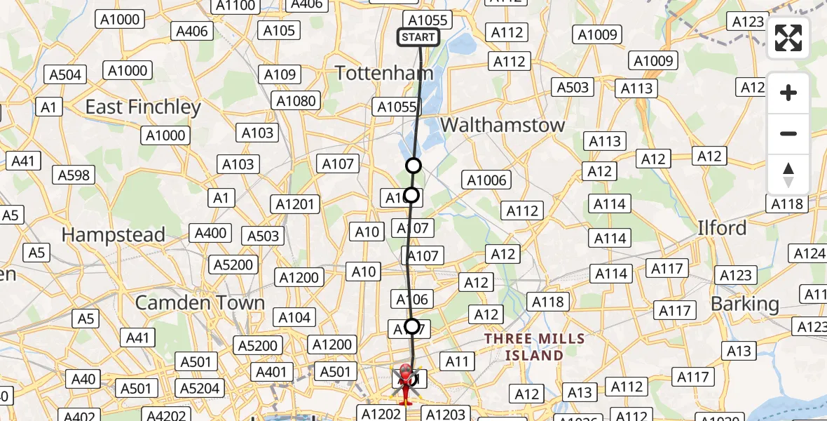Flight path map showing Air Ambulance Helicopter route from London Borough of Haringey to Royal London Hospital