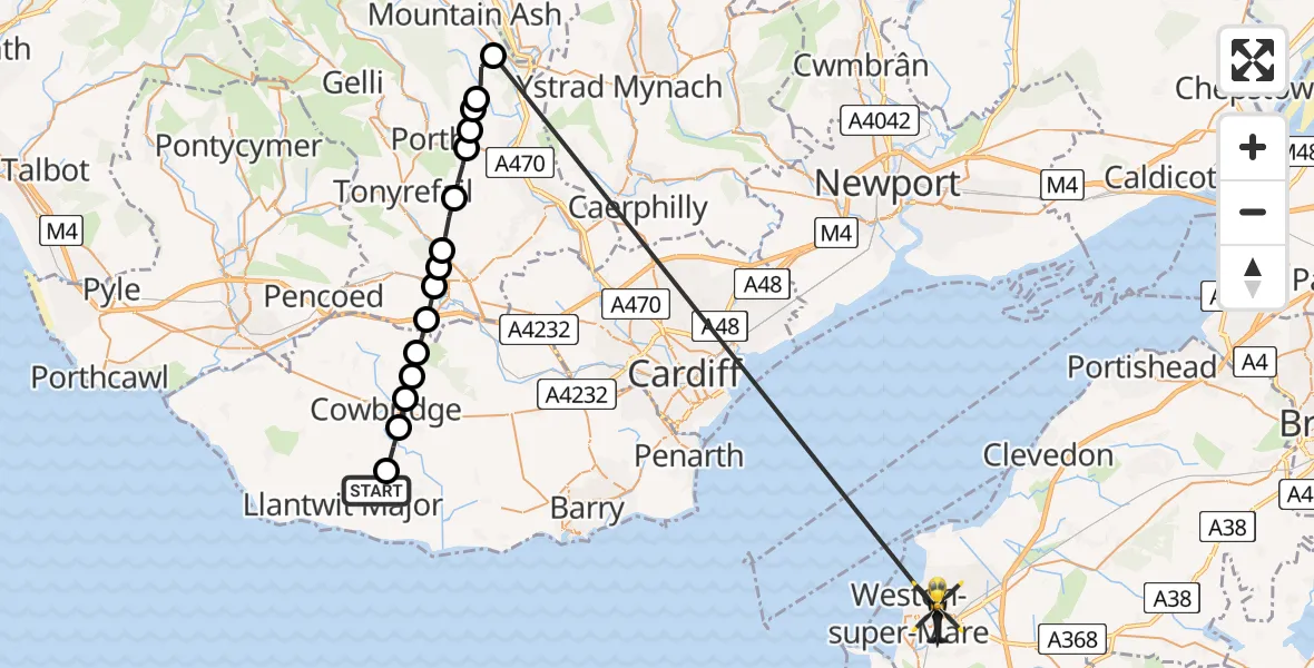 Flight path map showing Police Helicopter route from Boverton to Weston-super-Mare