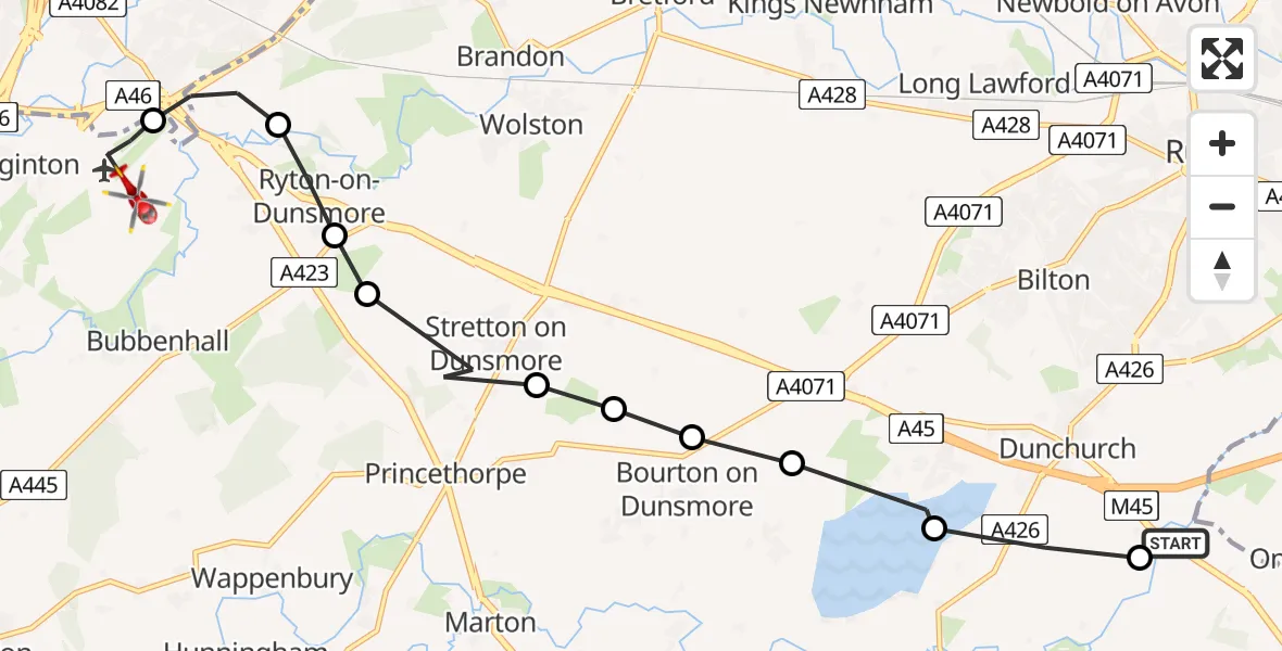 Flight path map showing Air Ambulance Helicopter route from Grandborough CP to Coventry Airport