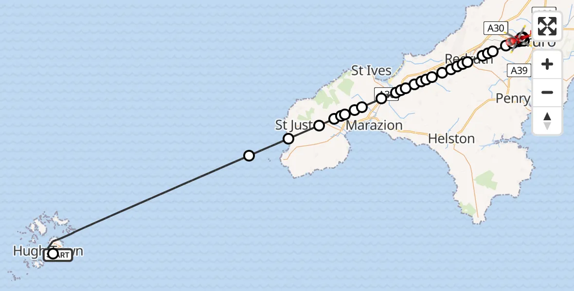 Flight path map showing Air Ambulance Helicopter route from St. Mary's Airport to Treliske Hospital