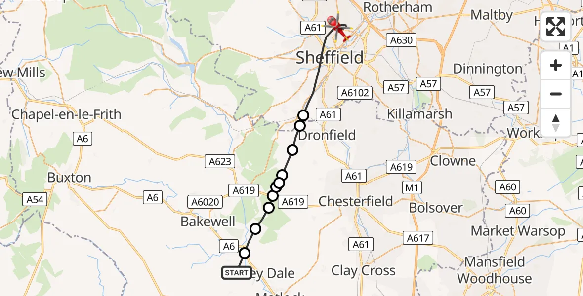 Flight path map showing Air Ambulance Helicopter route from Stanton-in-Peak to Sheffield Northern Hospital