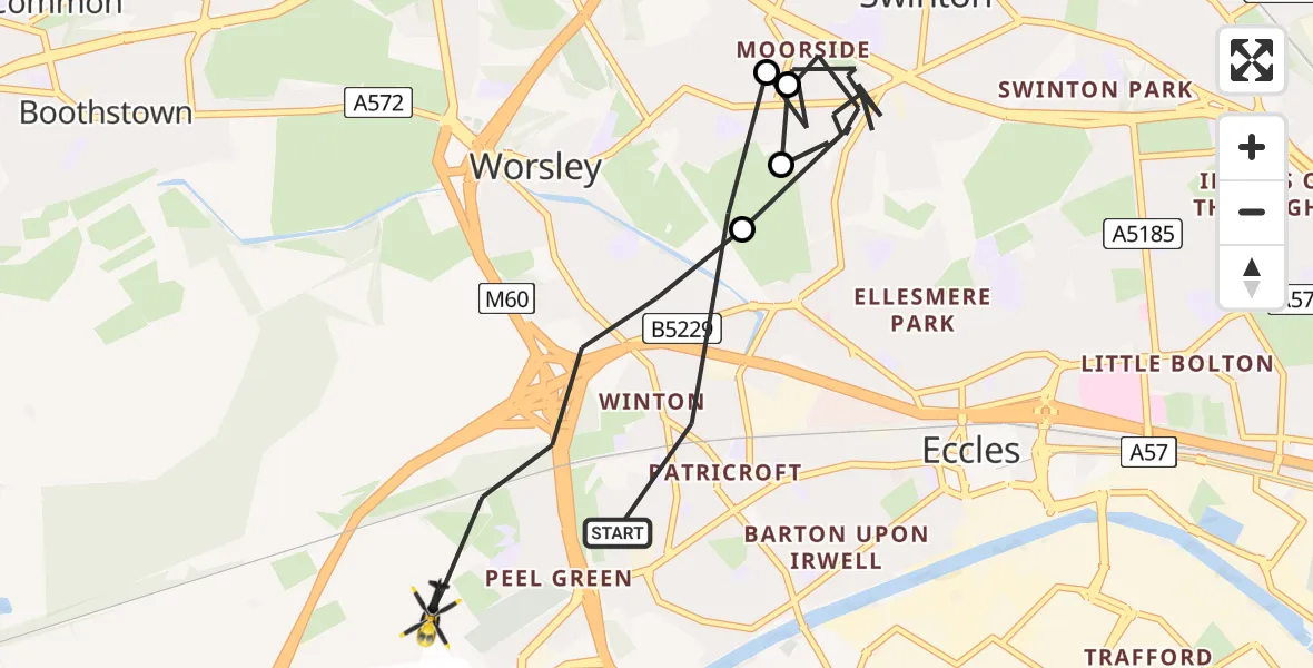 Flight path map showing Police Helicopter route from Worsley to Worsley