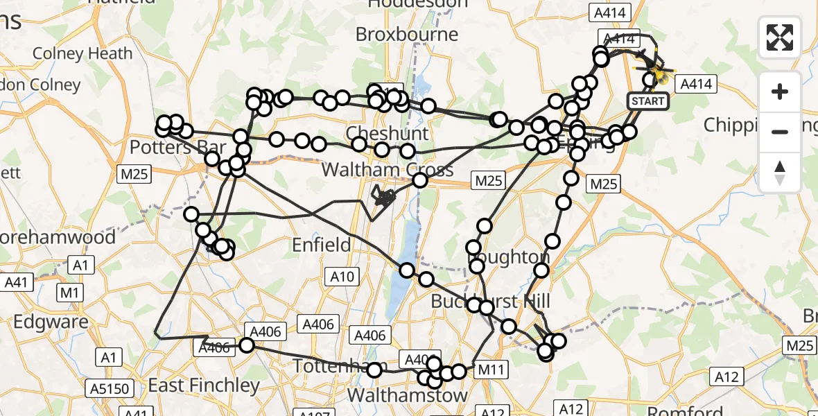 Flight path map showing Police Helicopter route from North Weald Airfield to North Weald Bassett