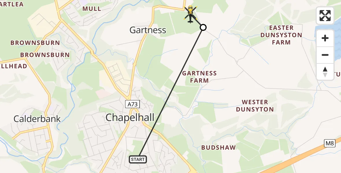 Flight path map showing Police Helicopter route from Chapelhall to Gartness