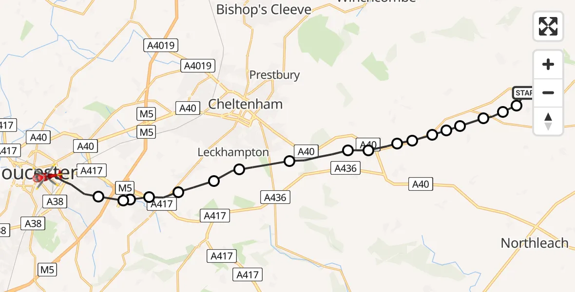 Flight path map showing Air Ambulance Helicopter route from Naunton to Gloucester