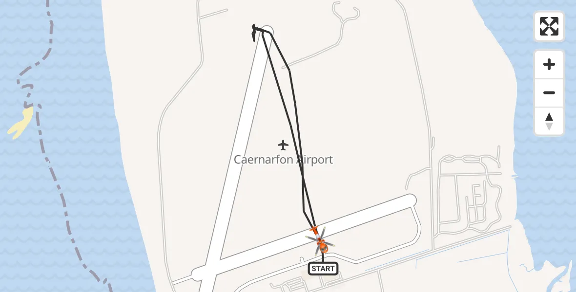 Flight path map showing Coastguard Helicopter route from Caernarfon Airport to Caernarfon Airport