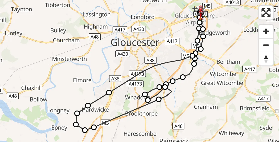 Flight path map showing Air Ambulance Helicopter route from Gloucestershire Airport to Churchdown