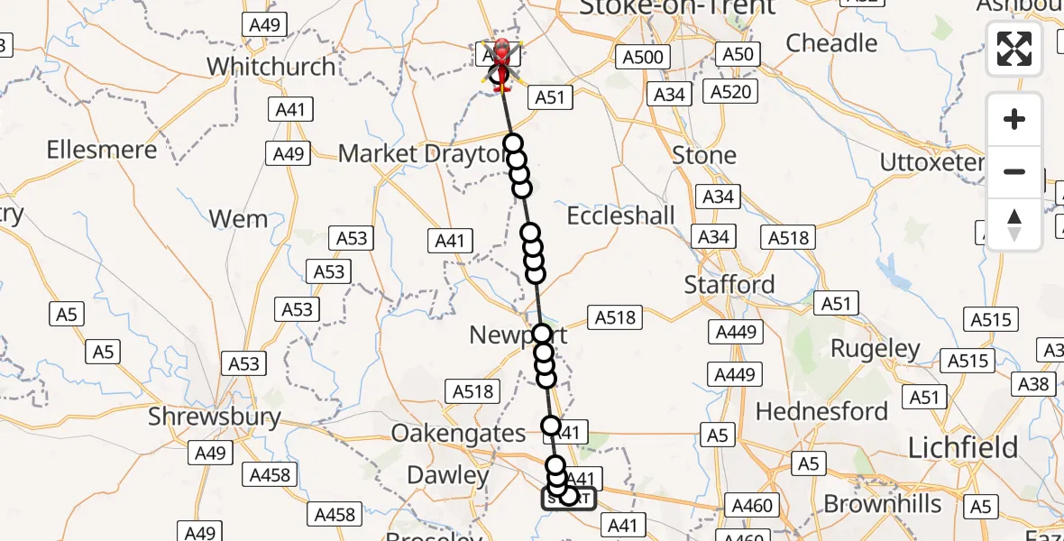 Flight path map showing Air Ambulance Helicopter route from RAF Cosford to Woore