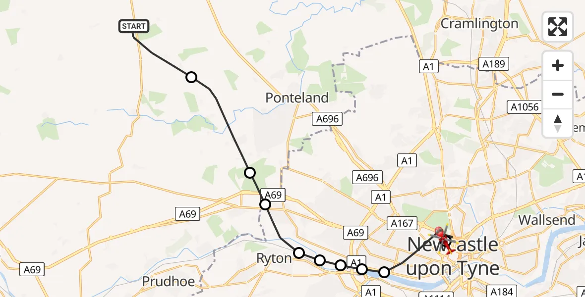 Flight path map showing Air Ambulance Helicopter route from Belsay to Newcastle Royal Victoria Infirmary