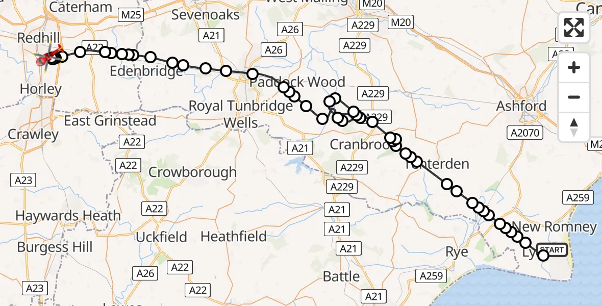 Flight path map showing Air Ambulance Helicopter route from Lydd London Ashford Airport to Redhill Aerodrome