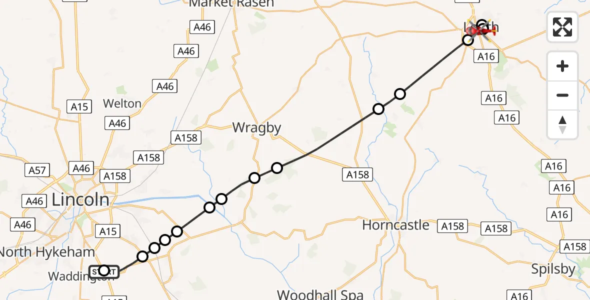 Flight path map showing Air Ambulance Helicopter route from RAF Waddington to Louth
