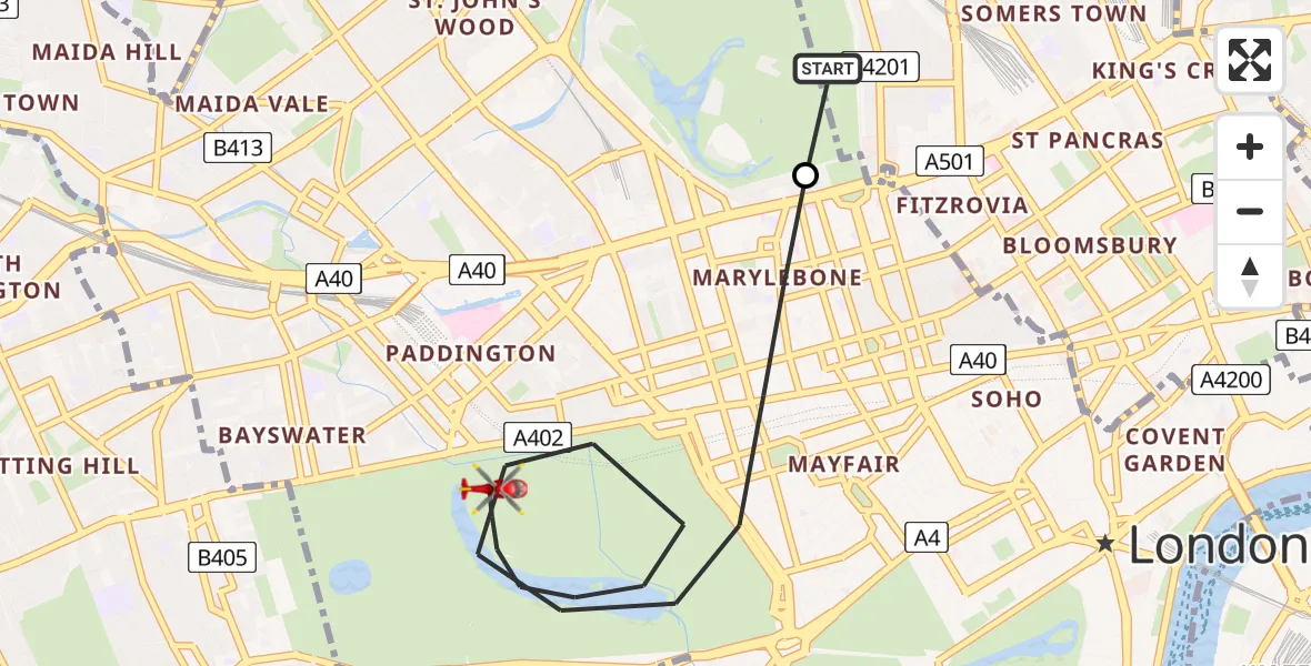 Flight path map showing Air Ambulance Helicopter route from London Borough of Camden to City of Westminster