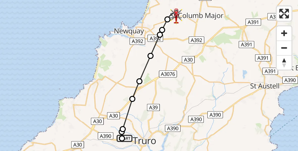 Flight path map showing Air Ambulance Helicopter route from Treliske Hospital to Cornwall Airport Newquay