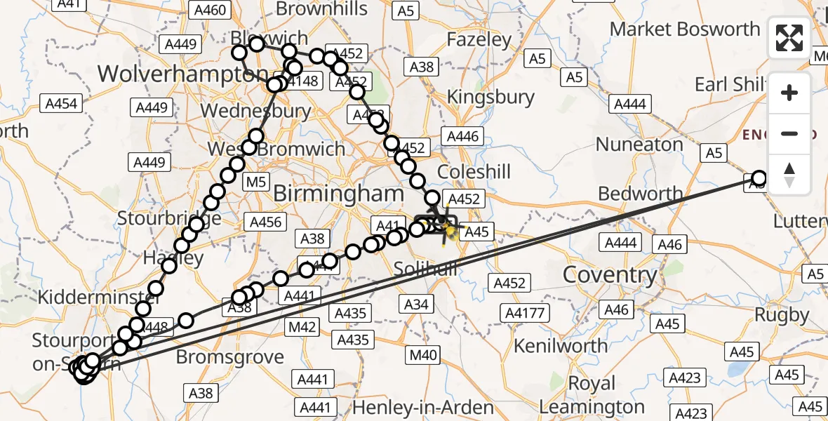 Flight route Police Helicopter Birmingham Airport - Birmingham Airport, 10 March 2026, 11:11