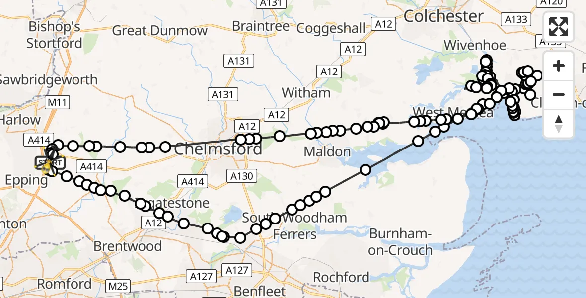 Flight path map showing Police Helicopter route from North Weald Airfield to North Weald Airfield