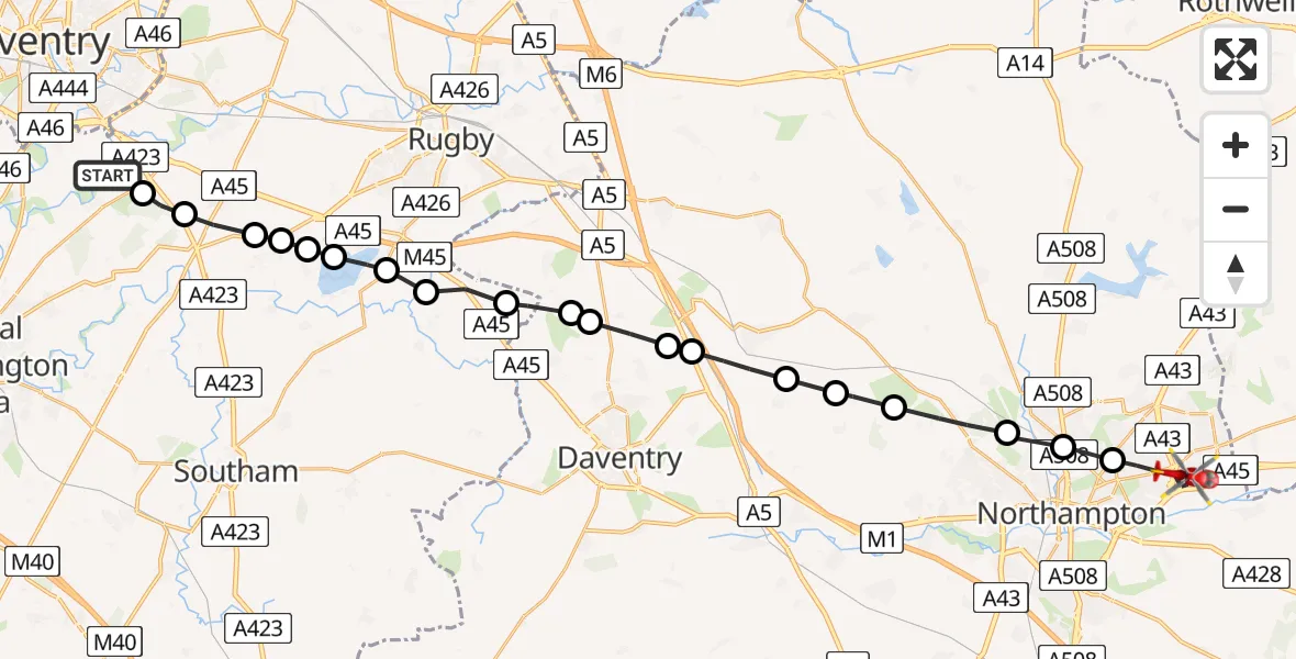 Flight path map showing Air Ambulance Helicopter route from Baginton to Northampton