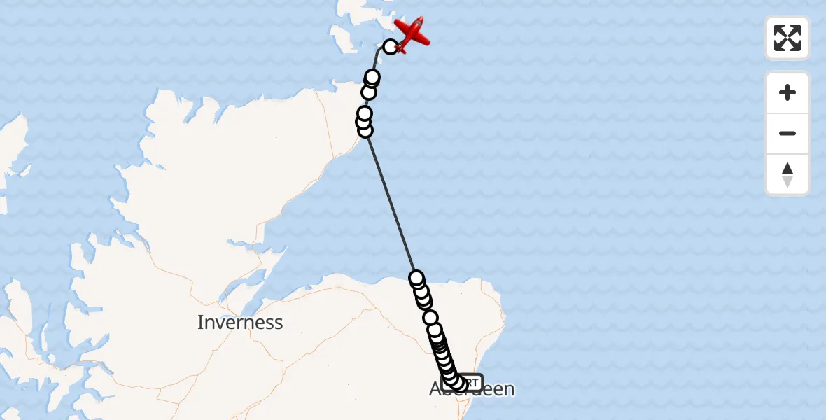Flight path map showing Air Ambulance Aircraft route from Aberdeen City to North Sea